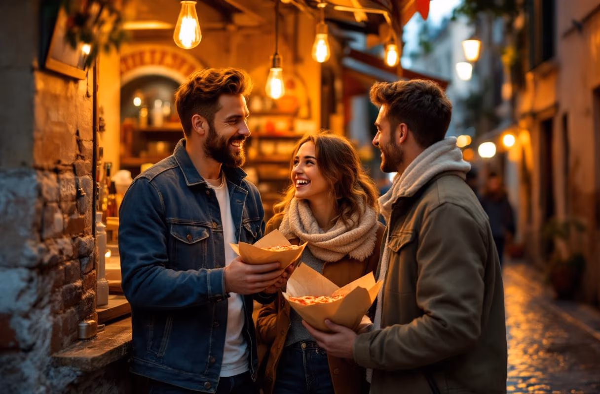 Three people sharing pizza a portafoglio at a Spaccanapoli street counter at dusk