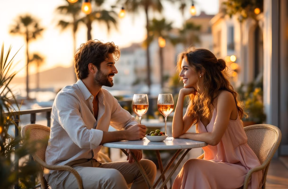 Ein Paar auf einer Café-Terrasse in Nizza bei Sonnenuntergang