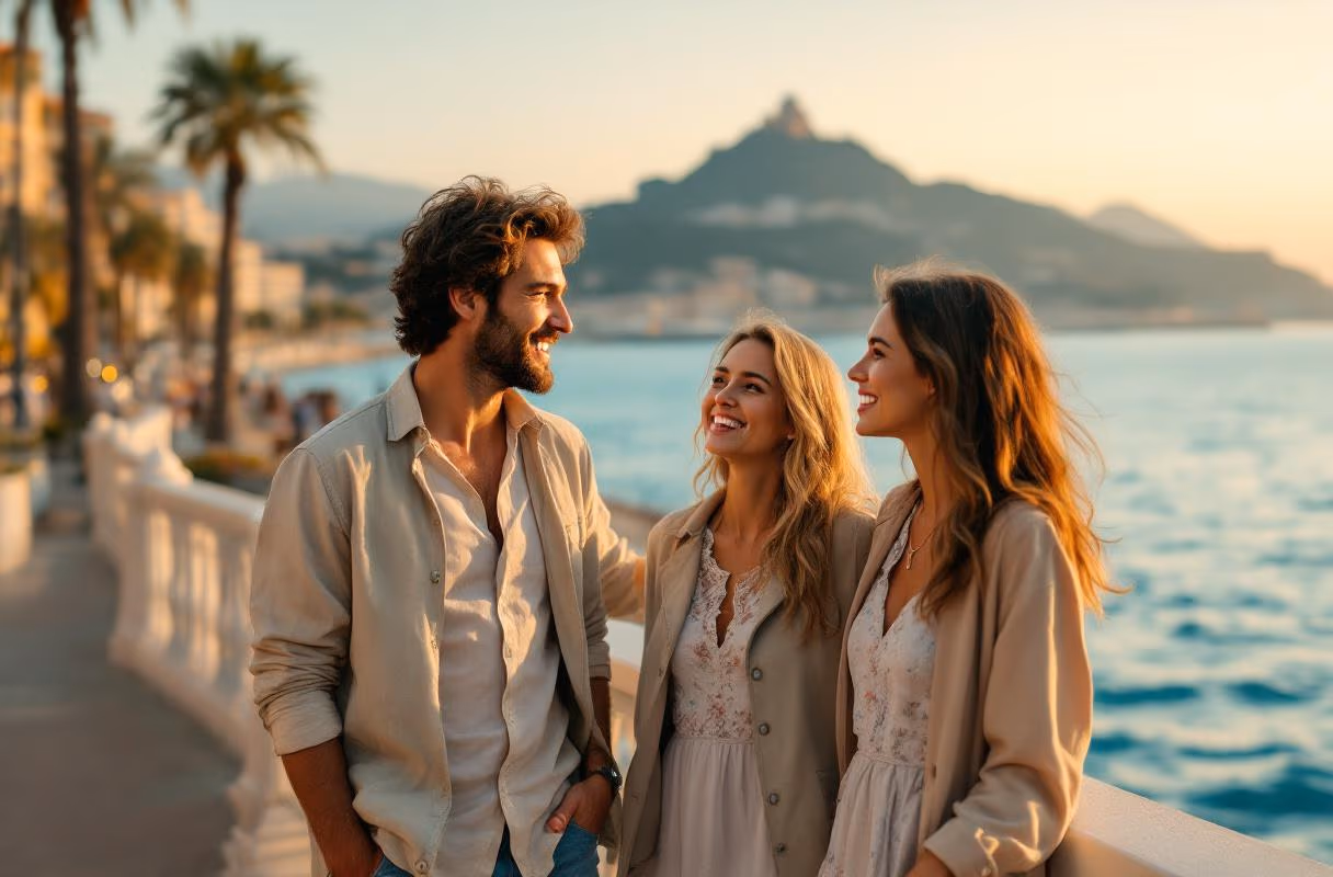 Drei Personen auf der Promenade des Anglais in Nizza zur goldenen Stunde, die Baie des Anges im Hintergrund