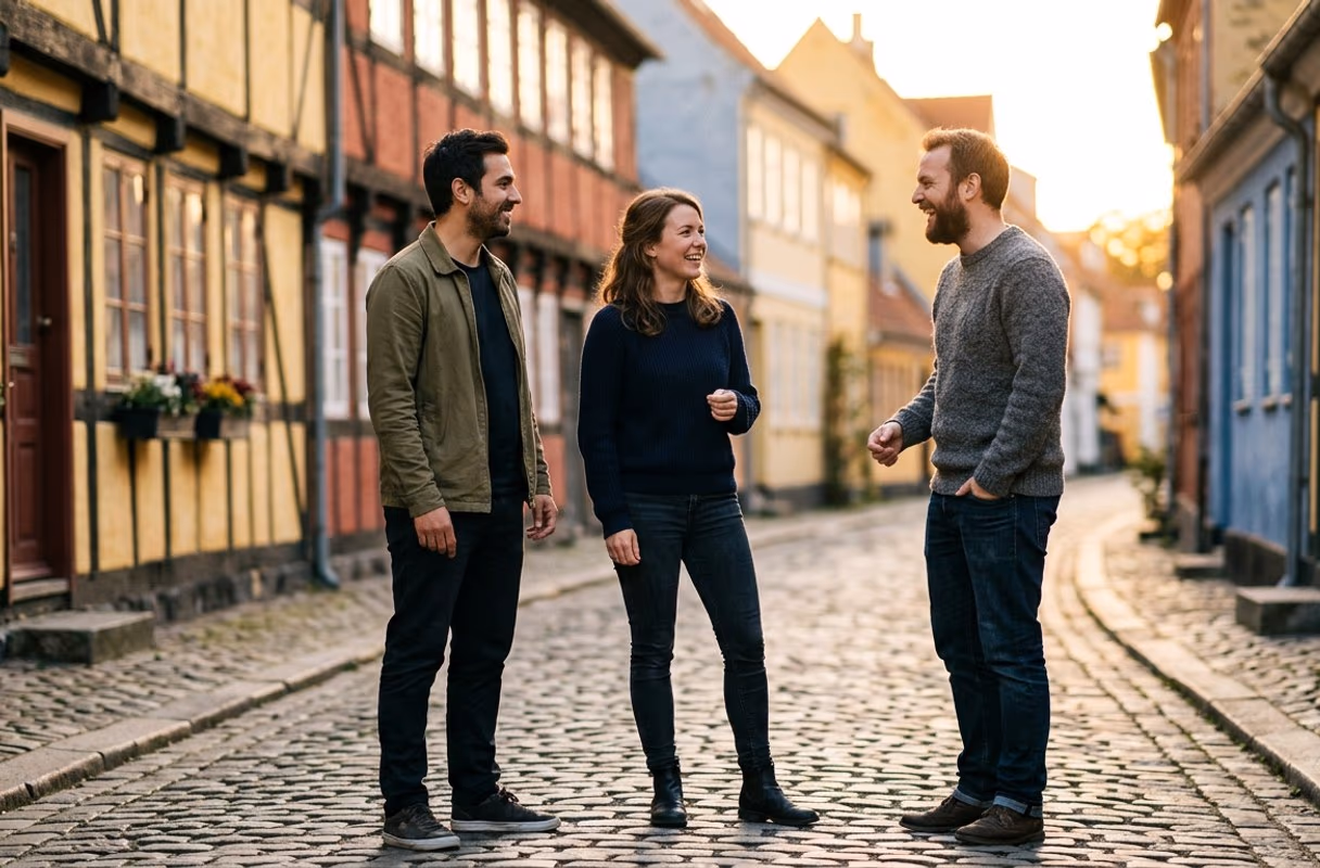 Die Altstadt von Odense — klein, fußläufig, ohne Eile Drei Personen im Gespräch in einer Kopfsteinpflastergasse der Altstadt von Odense