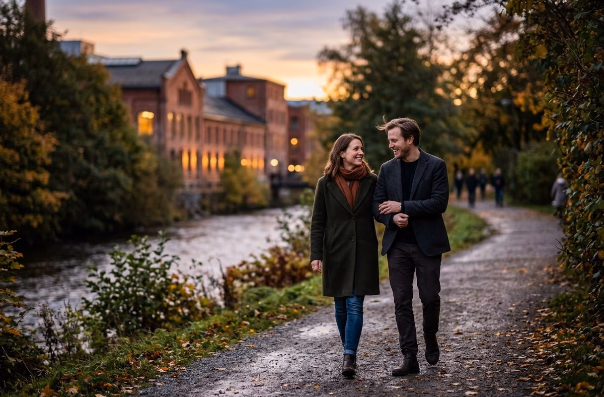 El Akerselva en Grünerløkka — el este creativo de Oslo Una pareja paseando junto al río Akerselva, en el barrio de Grünerløkka, en Oslo