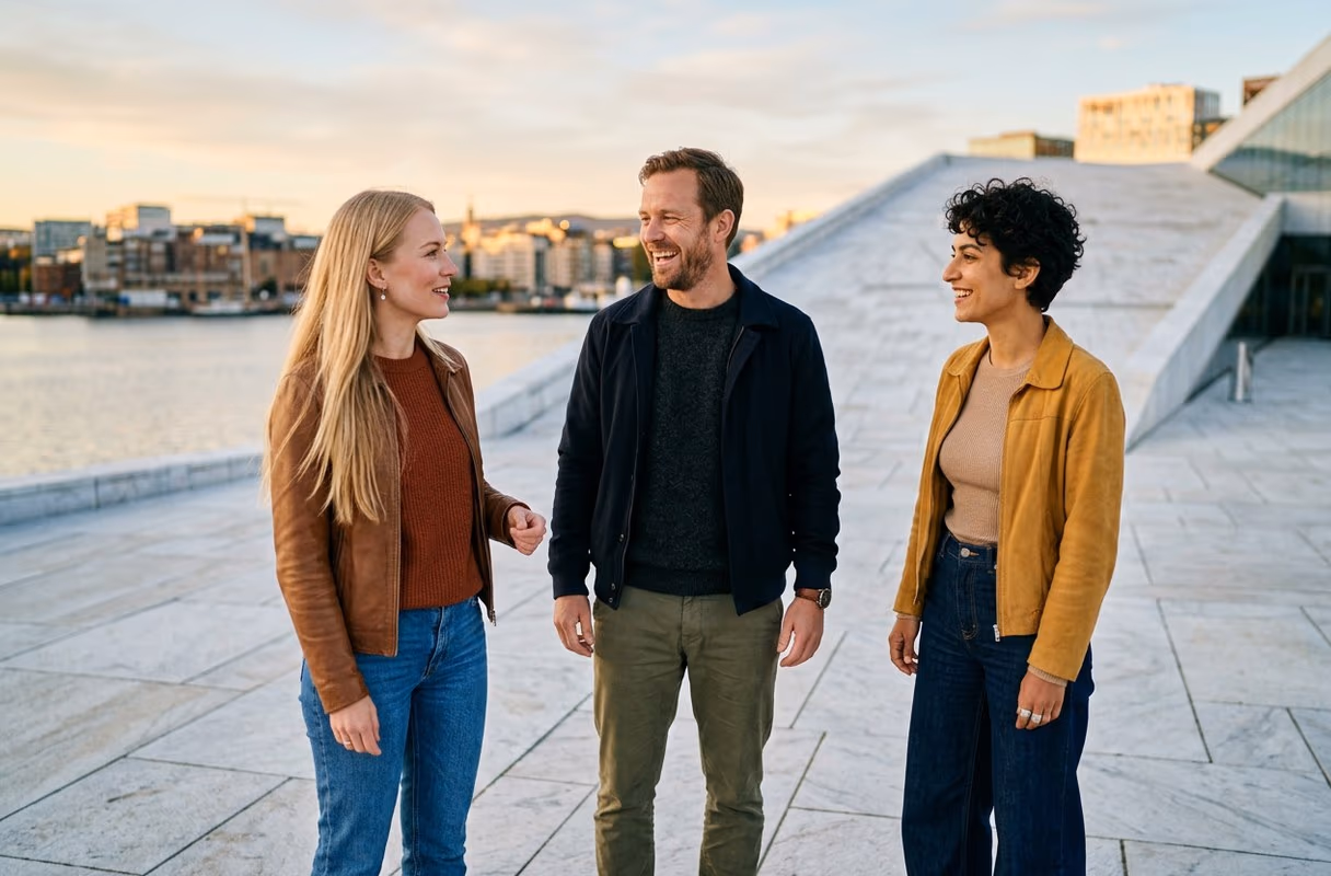 La Ópera de Oslo — el frente marítimo abierto y transitable de la ciudad Tres personas conversando en el tejado blanco inclinado de la Ópera de Oslo, junto al fiordo