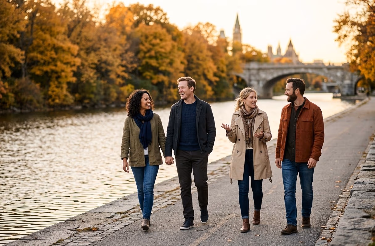 Two couples walking along the Rideau Canal path in Ottawa in warm evening light