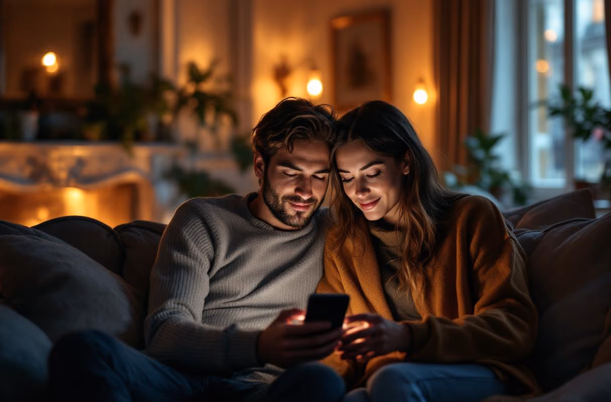 A couple looking at a phone screen in a Parisian apartment in the evening