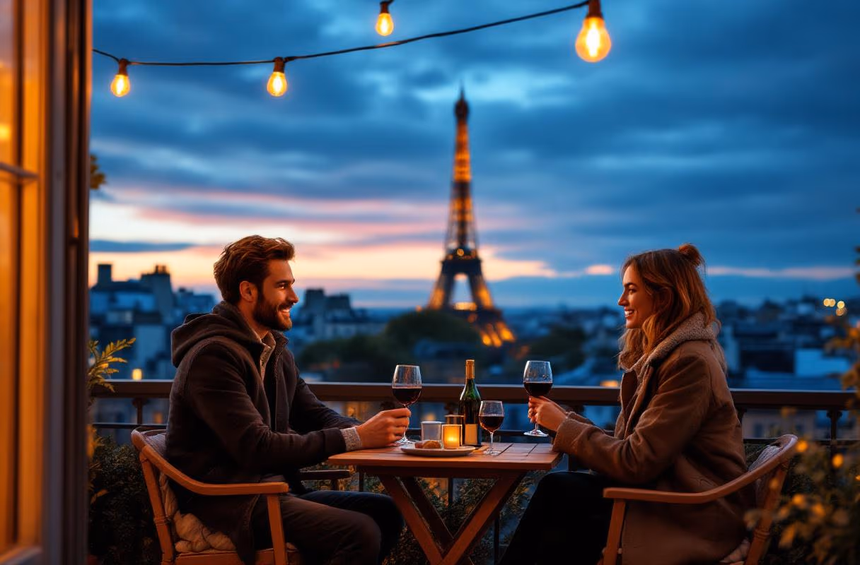 Three people on a Parisian rooftop with the Eiffel Tower at blue hour