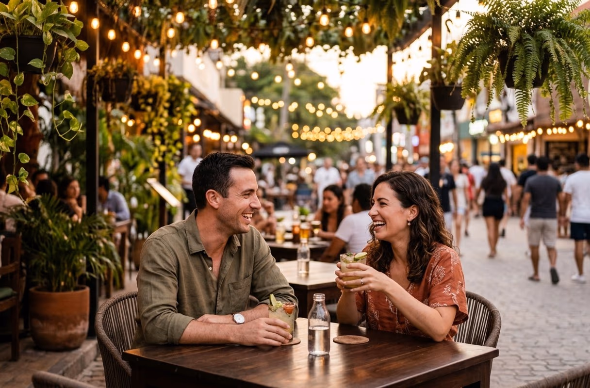 Una pareja conversando con bebidas en una terraza de la Quinta Avenida de Playa del Carmen al atardecer