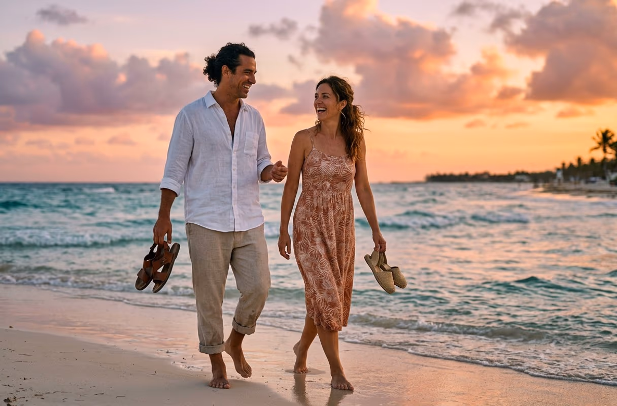 Dos amigos caminando descalzos por la orilla del mar en Playa del Carmen al atardecer