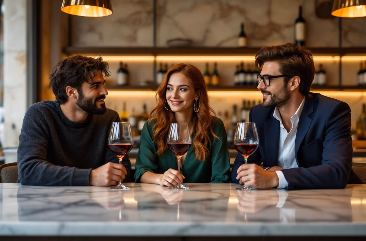 Tre persone al bancone di un'enoteca romana la sera