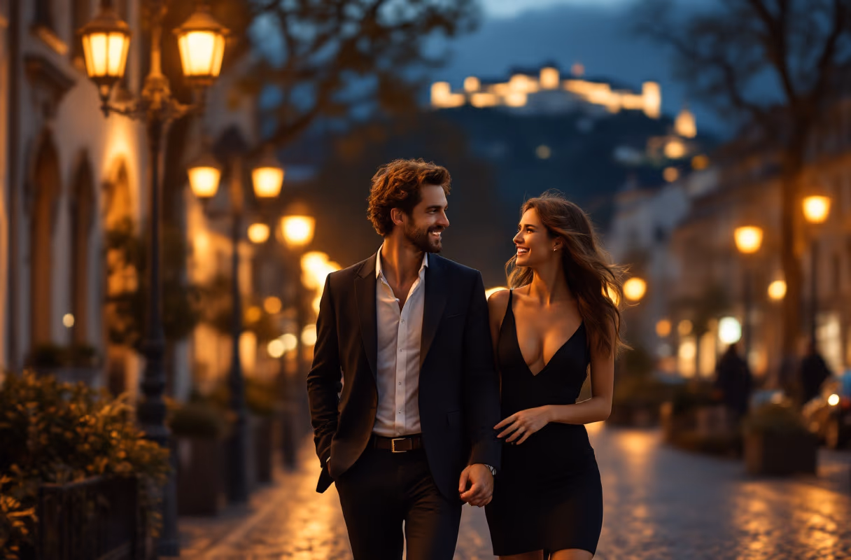 Ein Paar geht gemeinsam in der Nähe des Mirabellgartens in Salzburg bei Nacht