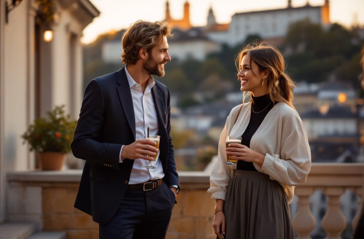 Drei Personen unterhalten sich auf einer Terrasse in der Salzburger Altstadt mit der Festung im Hintergrund, zur goldenen Stunde
