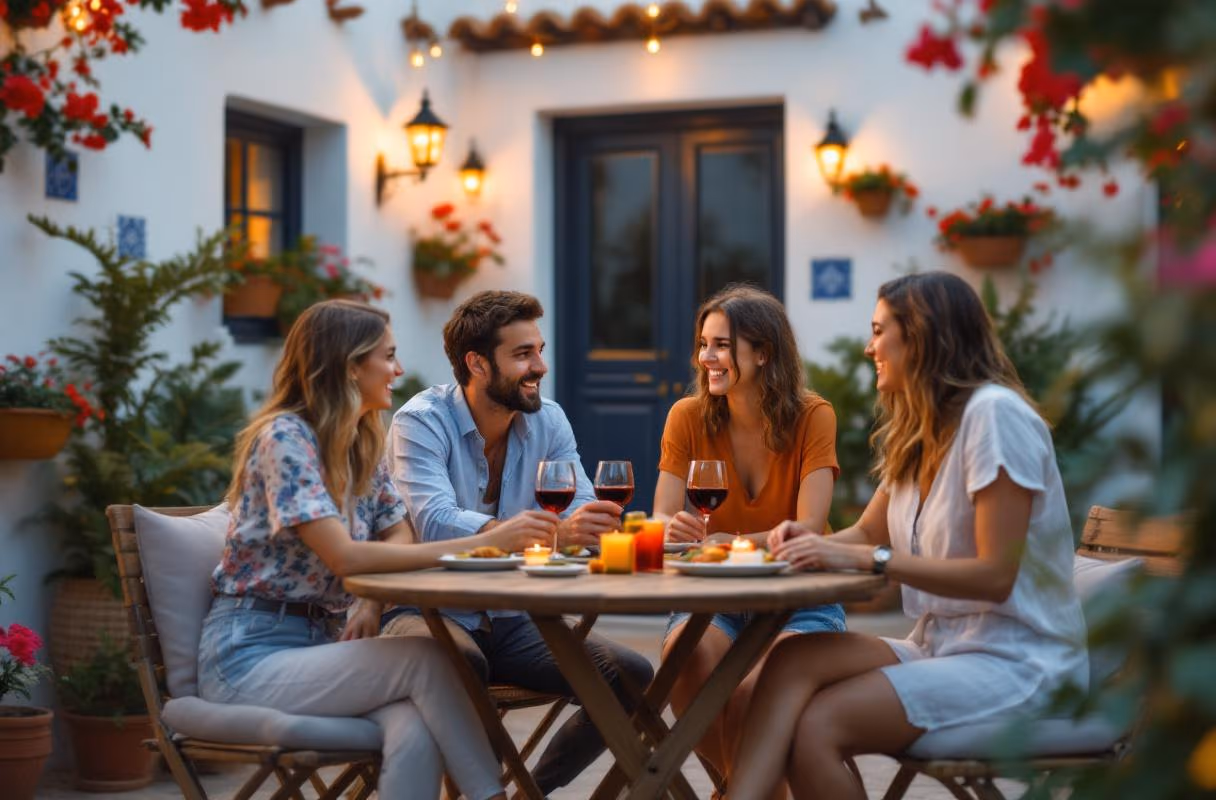 A group of friends in the evening on a traditional Sevillian patio with whitewashed walls and flowers