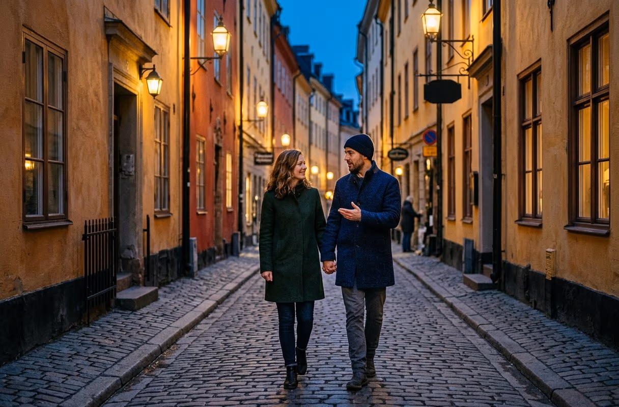 Gamla Stan al anochecer — donde la ciudad se calma y frena Una pareja caminando muy junta por un callejón estrecho e iluminado de Gamla Stan al anochecer