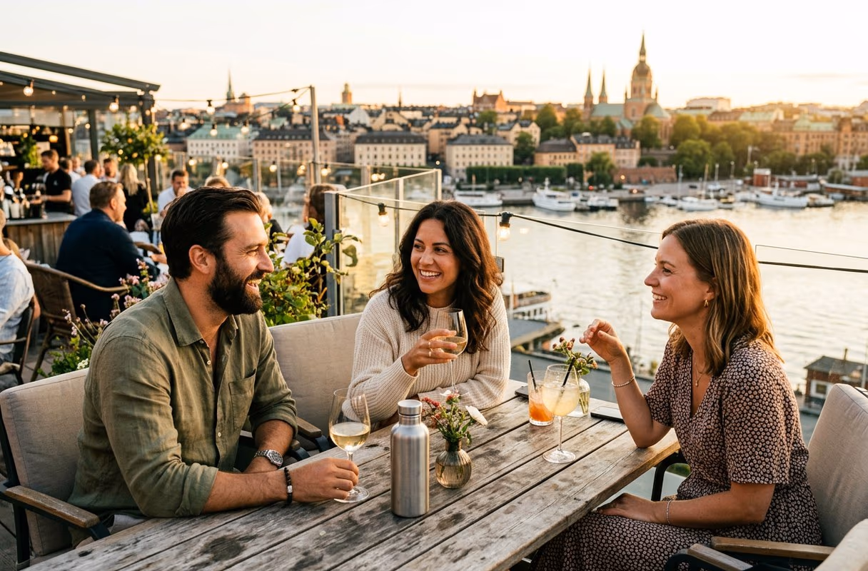 Una azotea en Södermalm — el lado abierto de Estocolmo, por encima del agua Tres personas charlando con unas copas en una azotea de Södermalm, con la silueta de la ciudad al fondo