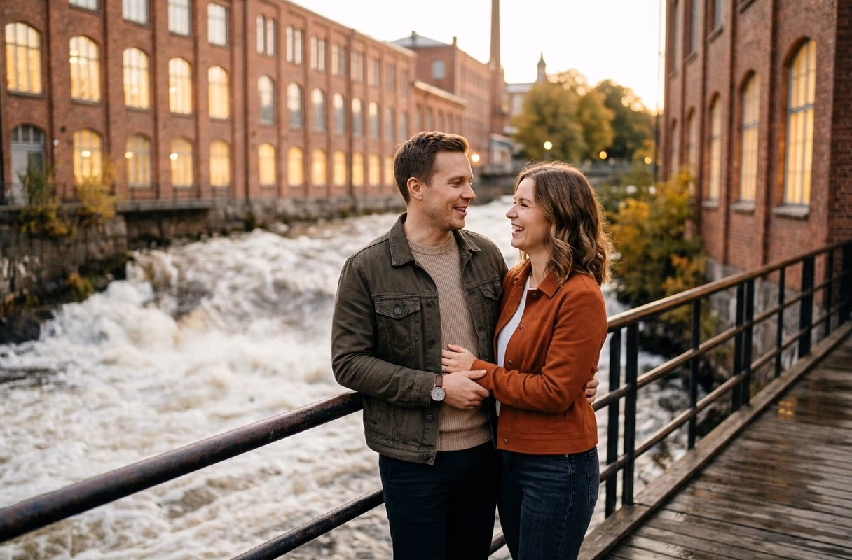 Las fábricas Finlayson sobre el Tammerkoski — el corazón industrial de Tampere Una pareja junto a las naves de ladrillo rojo de la fábrica Finlayson, sobre los rápidos de Tammerkoski, en Tampere