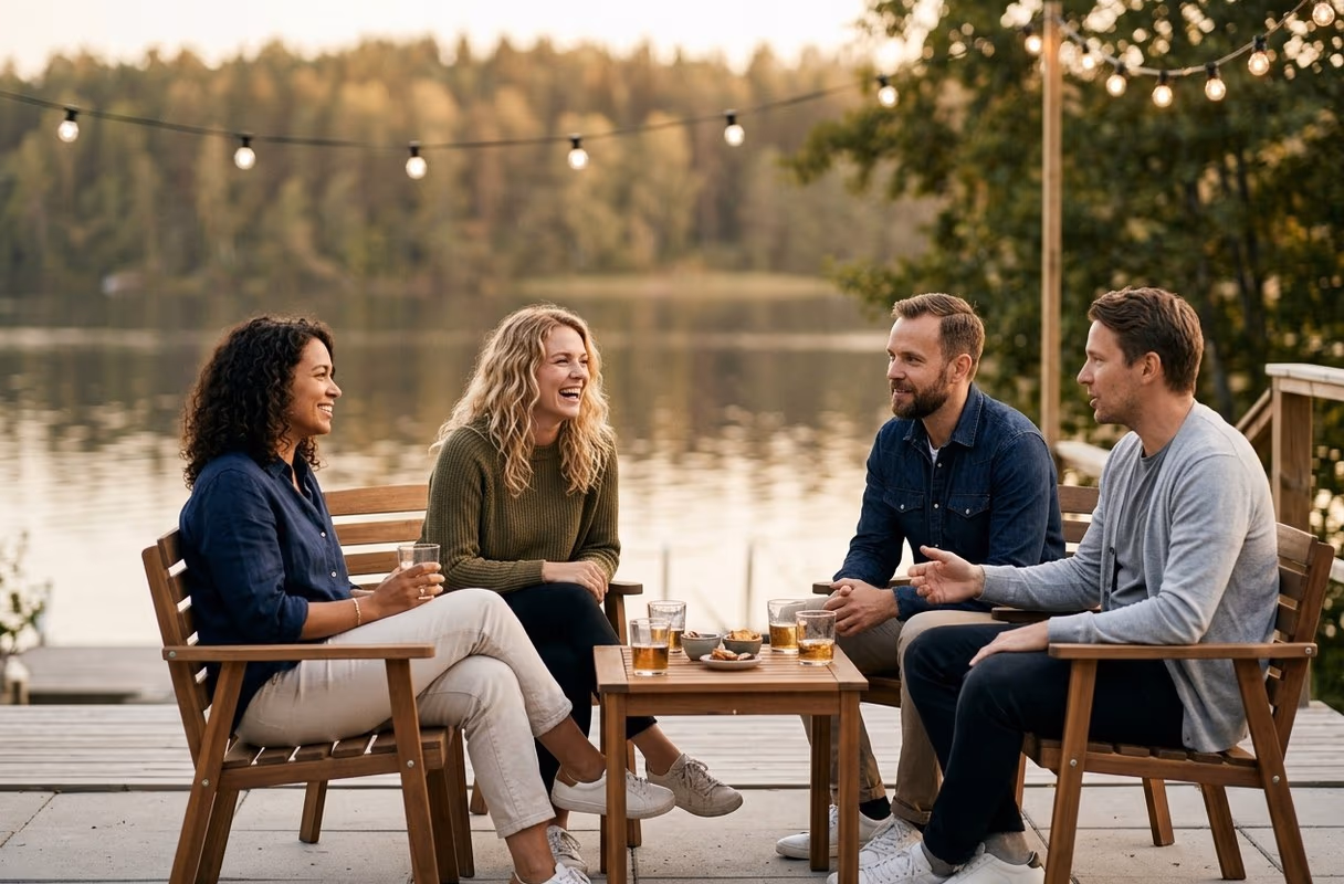 Una velada junto al lago en Tampere — entre las dos aguas Un pequeño grupo de amigos relajándose en una terraza junto al lago en Tampere, con la luz del atardecer