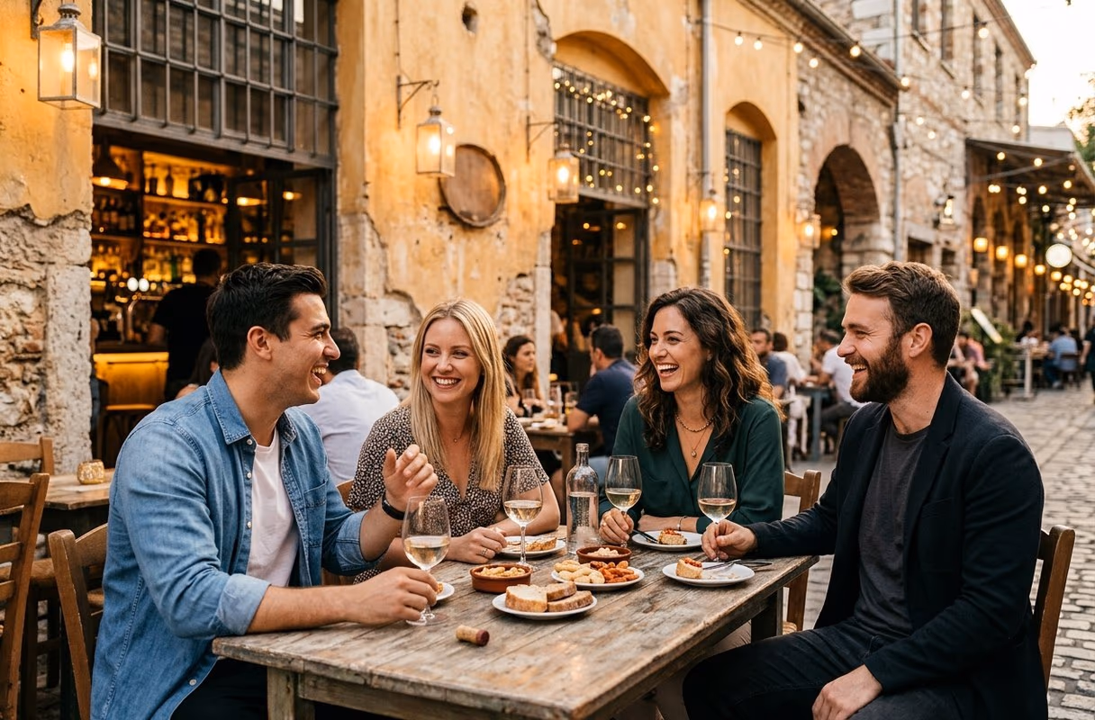 Un gruppo di amici a un tavolo all'aperto davanti a un bar in un magazzino restaurato di Ladadika, a Salonicco