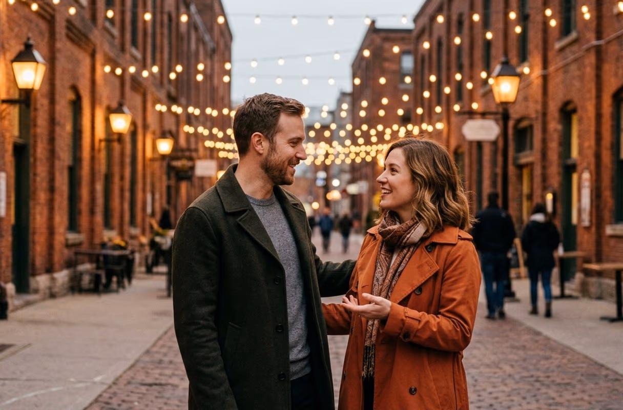 A couple talking under string lights in a brick lane of Toronto's Distillery District in the evening