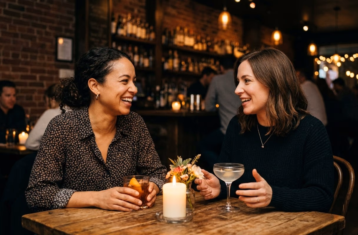 Two women talking over cocktails at a small bar on Queen West in Toronto at night