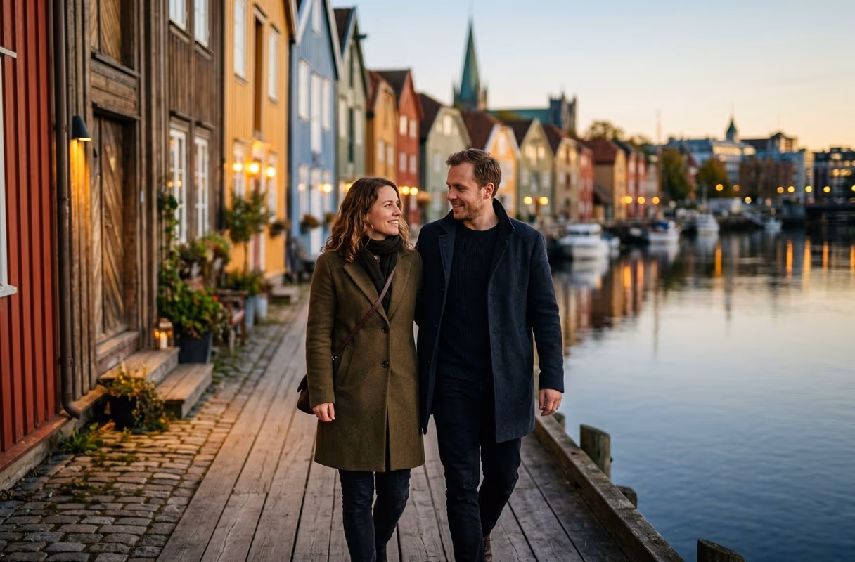 Bakklandet am Fluss — Trondheims Studentenviertel Ein Paar geht an den bunten Holzhäusern von Bakklandet am Fluss in Trondheim vorbei