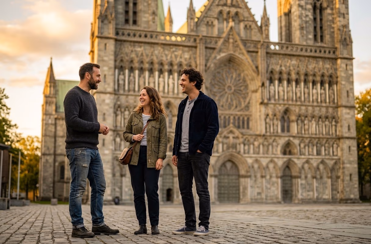 Der Nidarosdom — das alte Herz einer jungen Stadt Drei Menschen im Gespräch vor dem mittelalterlichen Nidarosdom in Trondheim