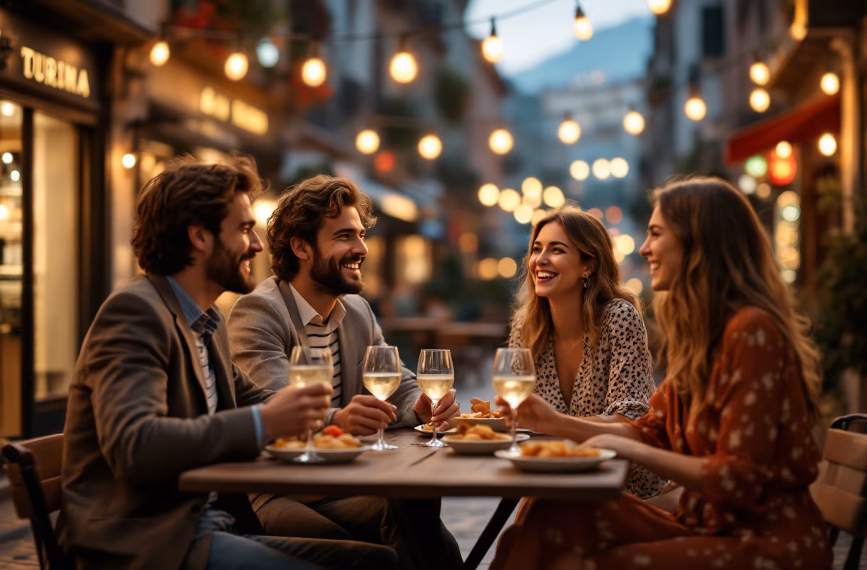 A small group over aperitivo at a San Salvario table in Turin in the evening