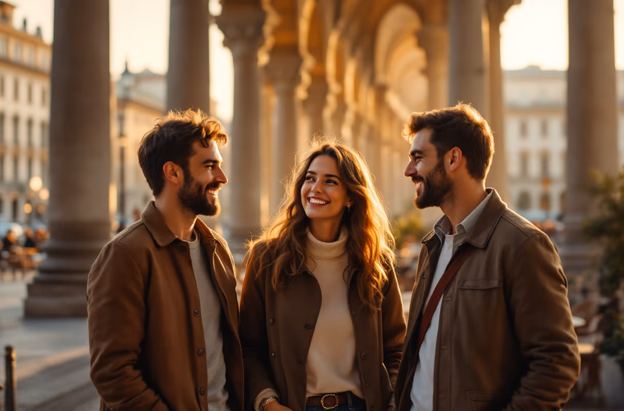 Three people talking under Turin's elegant arcades at golden hour