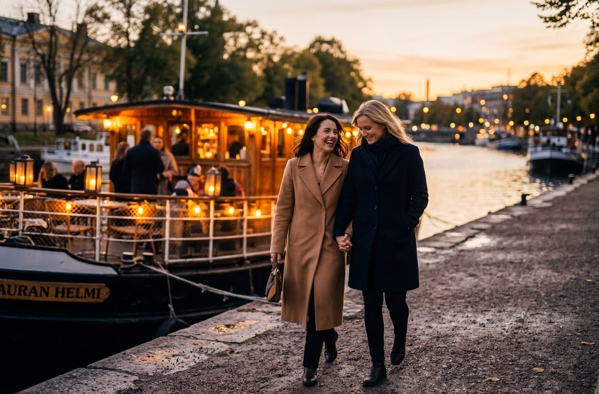 Una coppia che cammina lungo la riva del fiume Aura, a Turku, passando accanto a un battello-bar ormeggiato, al crepuscolo