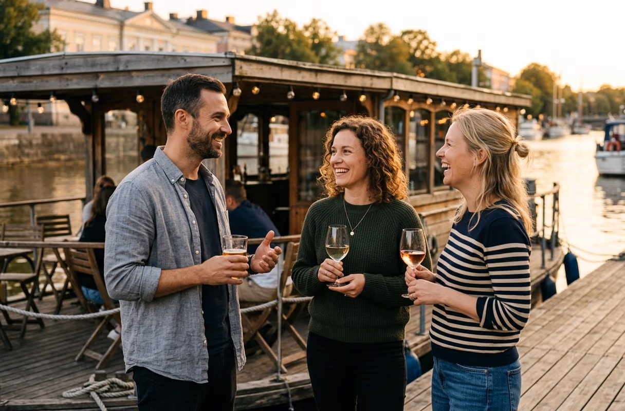 Tre persone che chiacchierano sul ponte di un battello-bar ormeggiato sul fiume Aura, a Turku