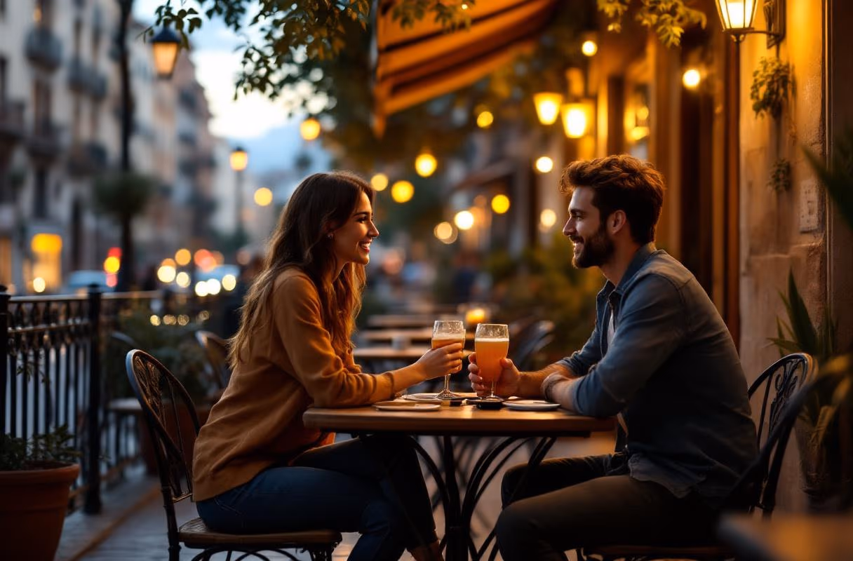 A couple at a Ruzafa terrace in Valencia in the evening