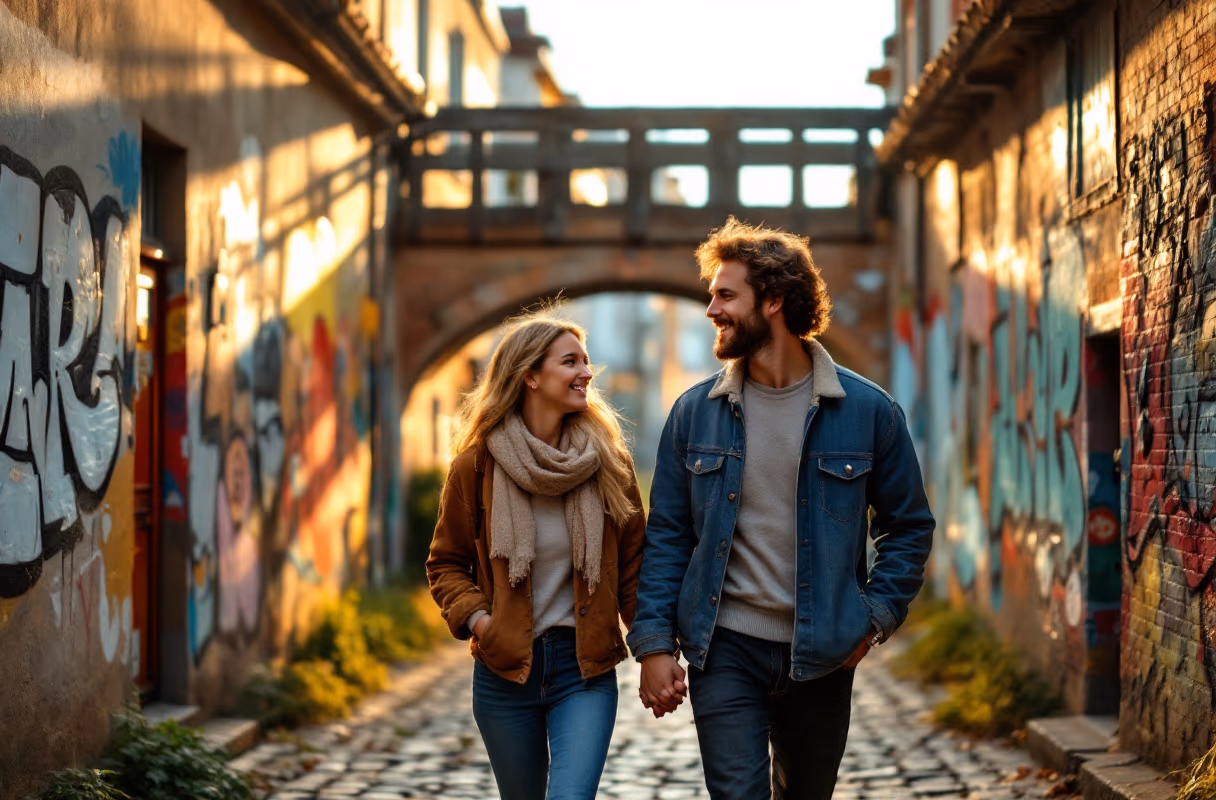 A couple in the Užupis district of Vilnius at golden hour
