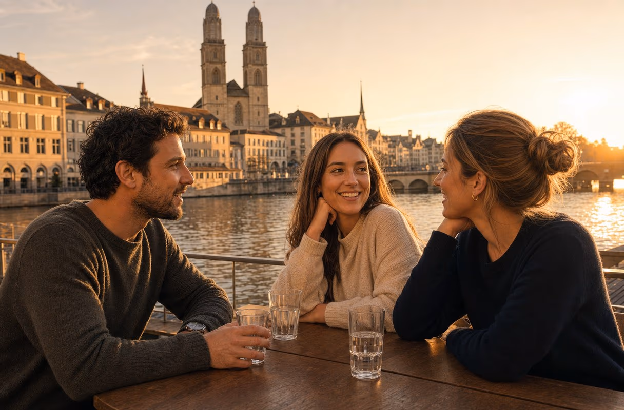 Tre persone chiacchierano davanti a un drink su una terrazza lungo la Limmat, dietro le torri del Grossmünster