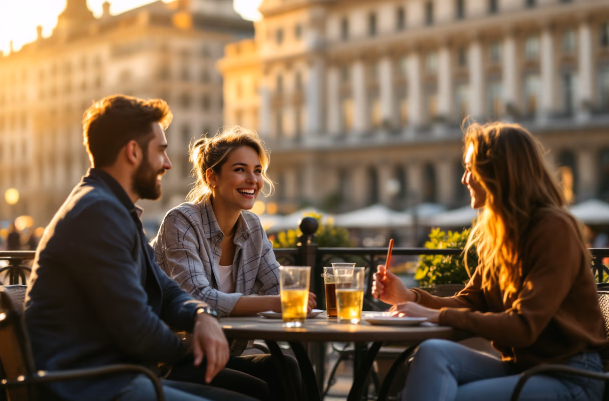 Four friends relaxing together on a café terrace in Vienna at golden hour