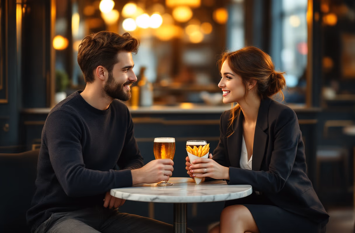 Een stel deelt frieten en bier in een traditionele Belgische brasserie