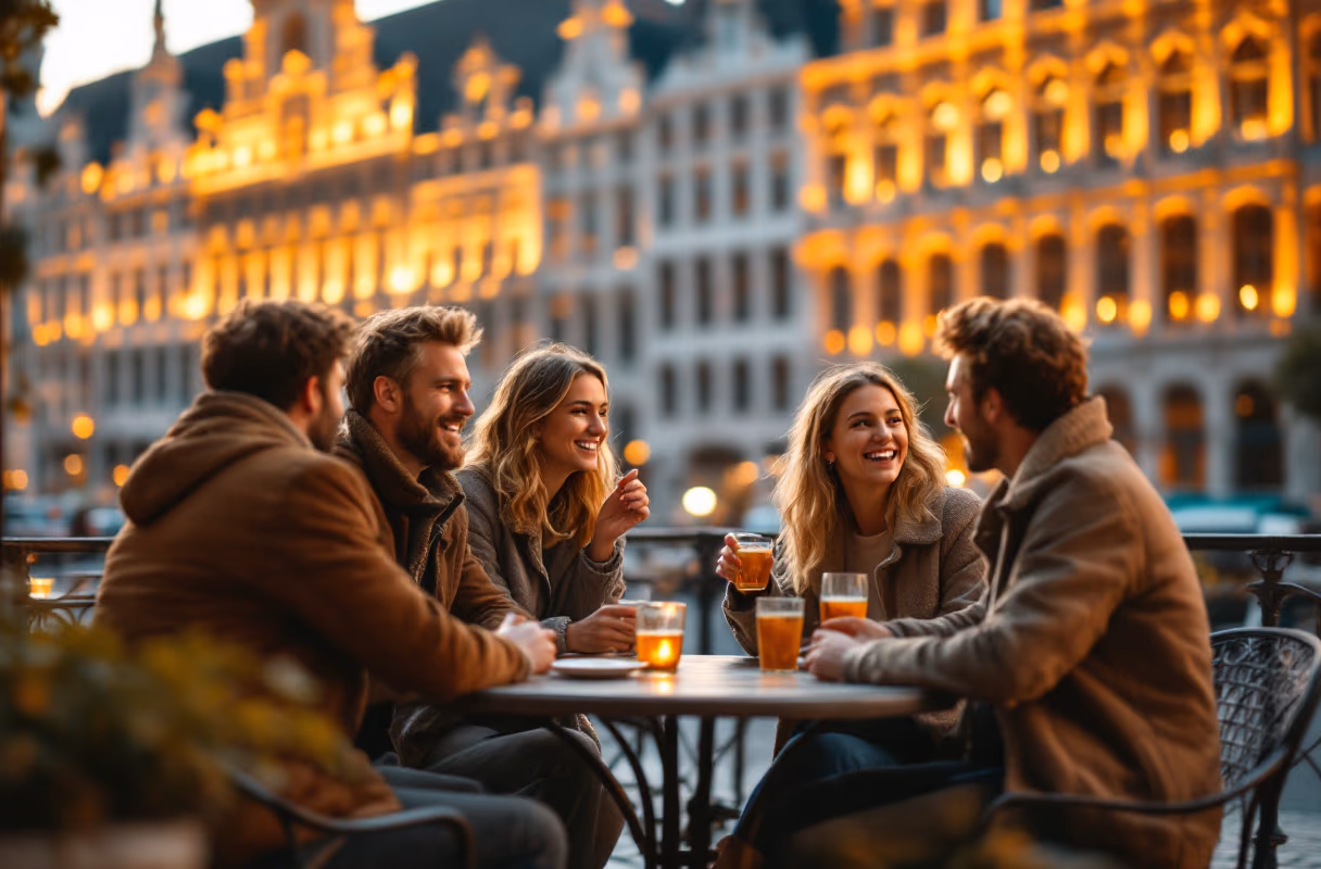 Vier vrienden ontspannen samen op een caféterras bij de Grote Markt in Brussel in het gouden uur
