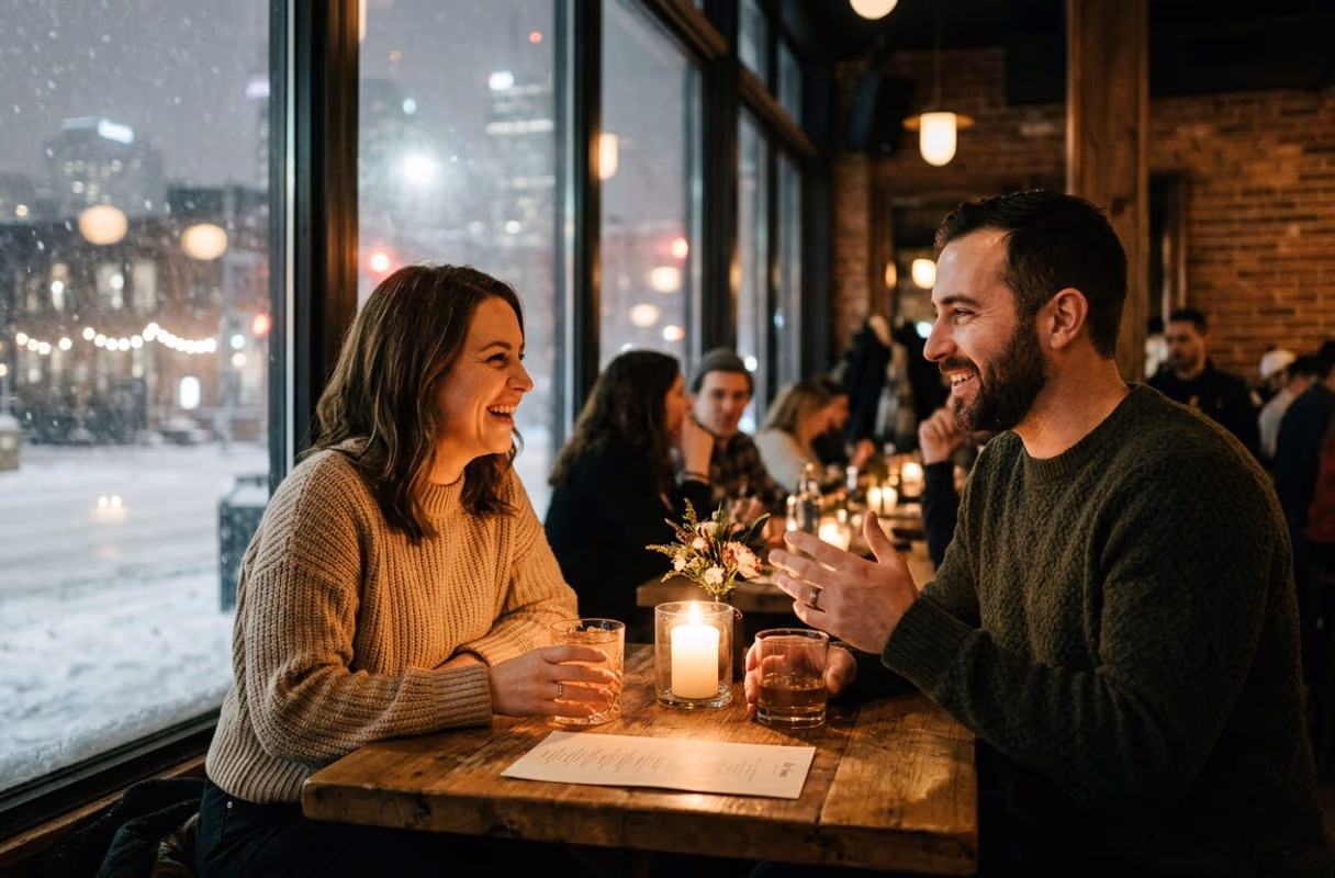 Un couple en conversation près de la fenêtre chaleureuse d'un bar, un soir d'hiver à Toronto