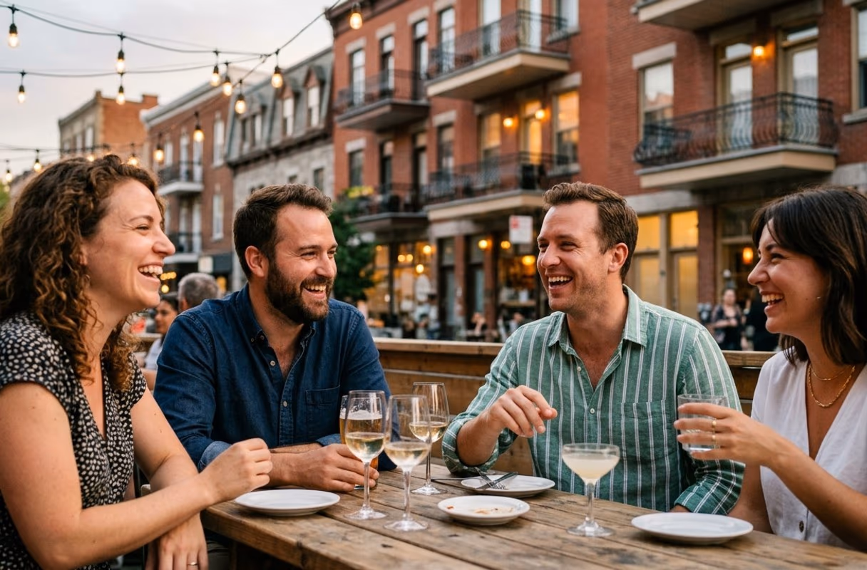 Quatre amis qui rient sur une terrasse montréalaise un soir d'été