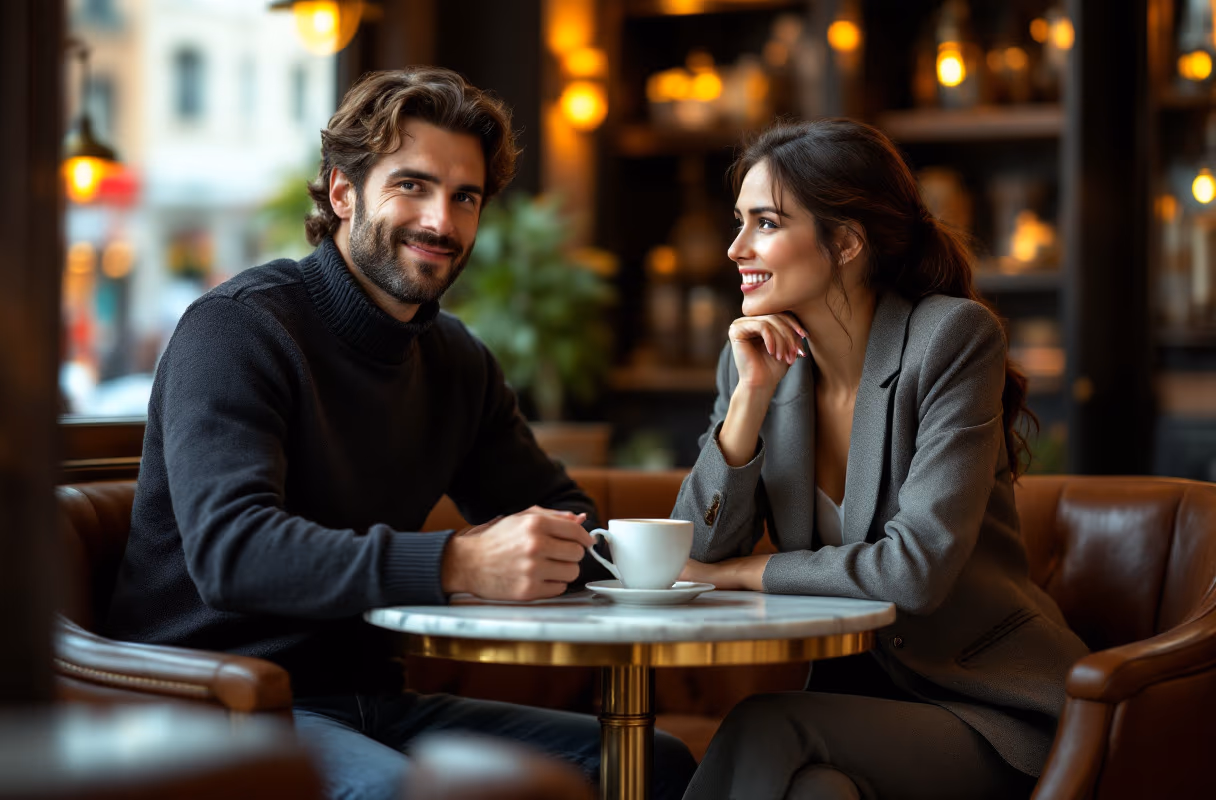 Ein Paar trinkt gemeinsam Kaffee in einem entspannten Prager Café