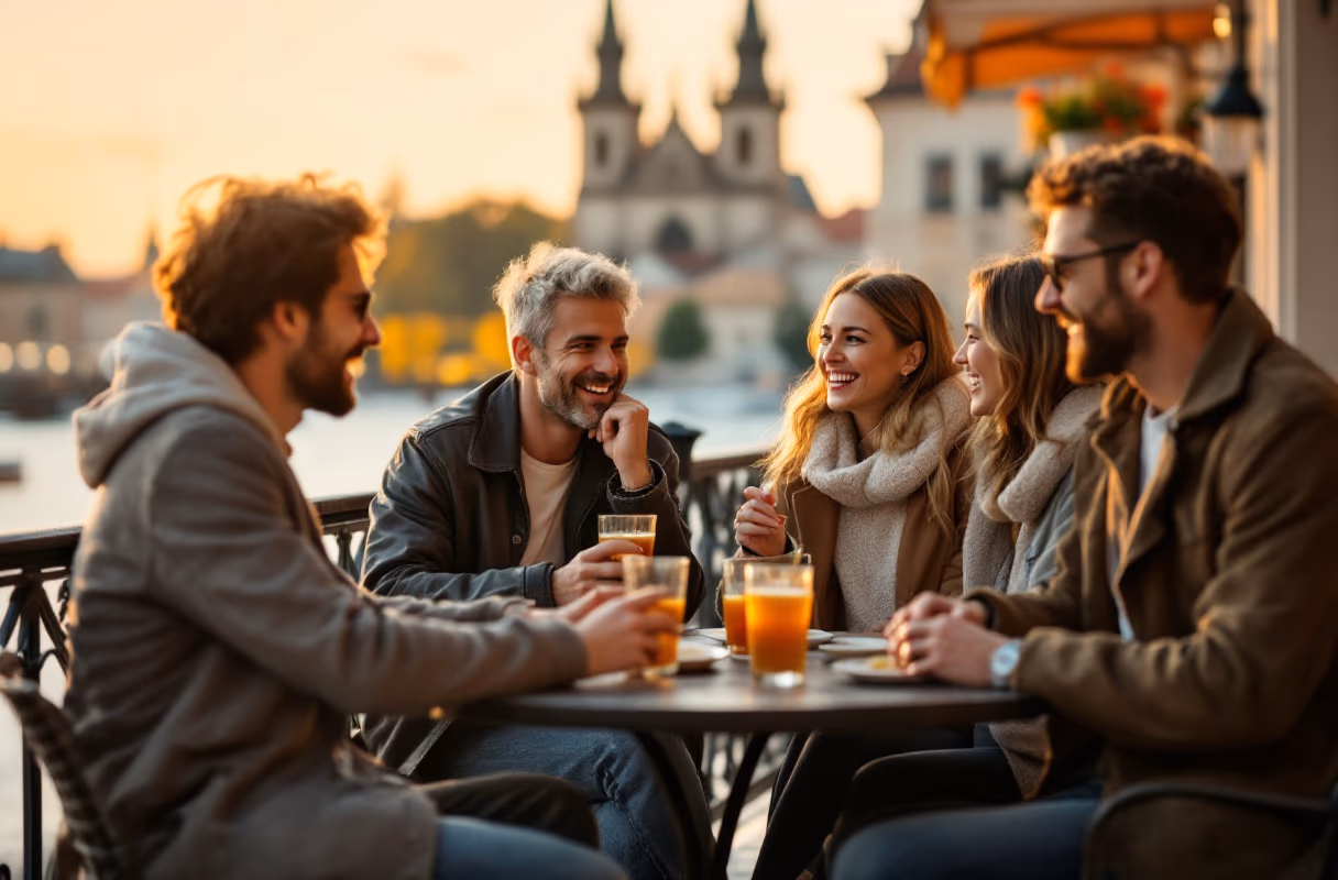 Vier Freunde entspannen gemeinsam auf einer Café-Terrasse in Prag zur goldenen Stunde