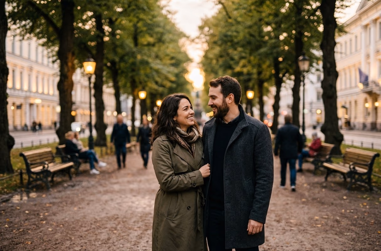 Um casal lado a lado na alameda arborizada da Esplanadi, no centro de Helsínquia
