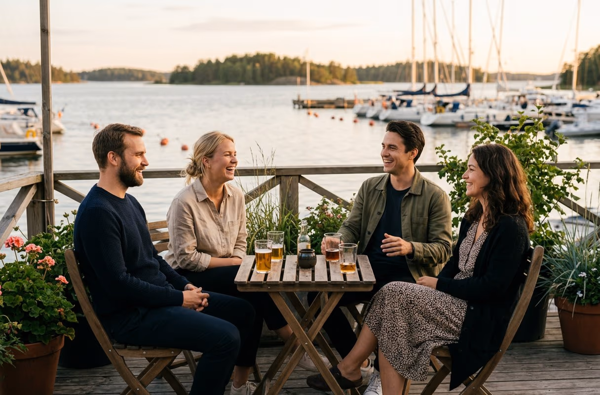 Um pequeno grupo de amigos a conversar num terraço à beira do porto em Helsínquia, na luz quente do entardecer