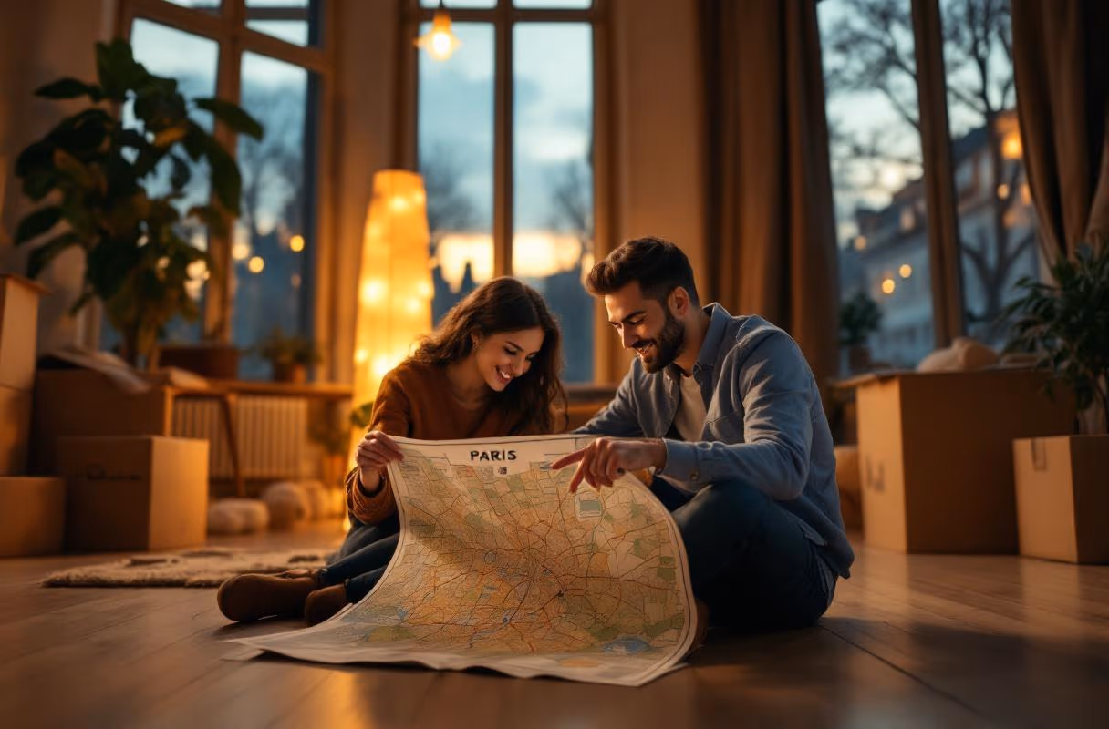 A couple looking at a map in a Parisian apartment in the evening