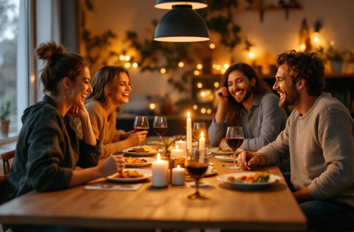 Fünf Personen an einem langen Esstisch in einer deutschen Wohnung am Abend