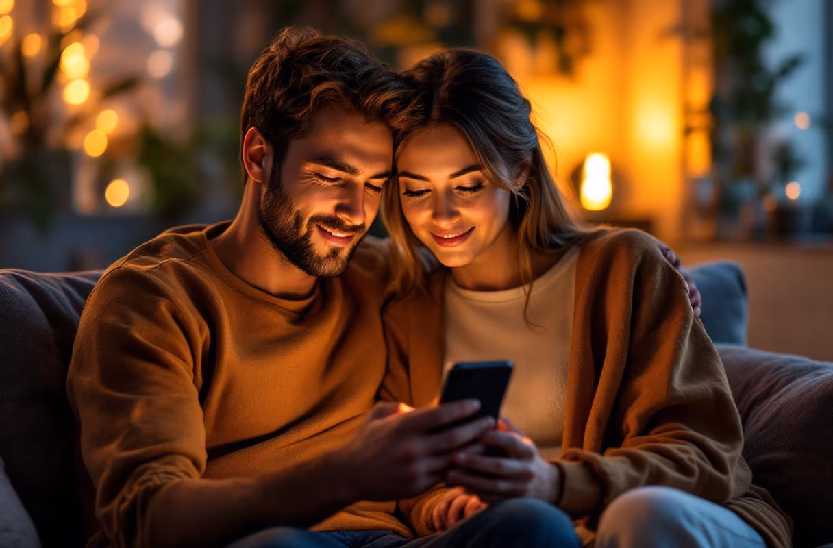 Ein Paar schaut gemeinsam auf den Bildschirm eines Smartphones in einer abendlichen Wohnung