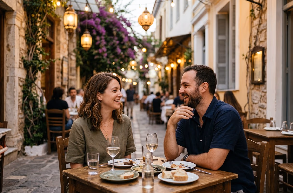 A couple talking at a small table in a lantern-lit lane of Plaka in Athens