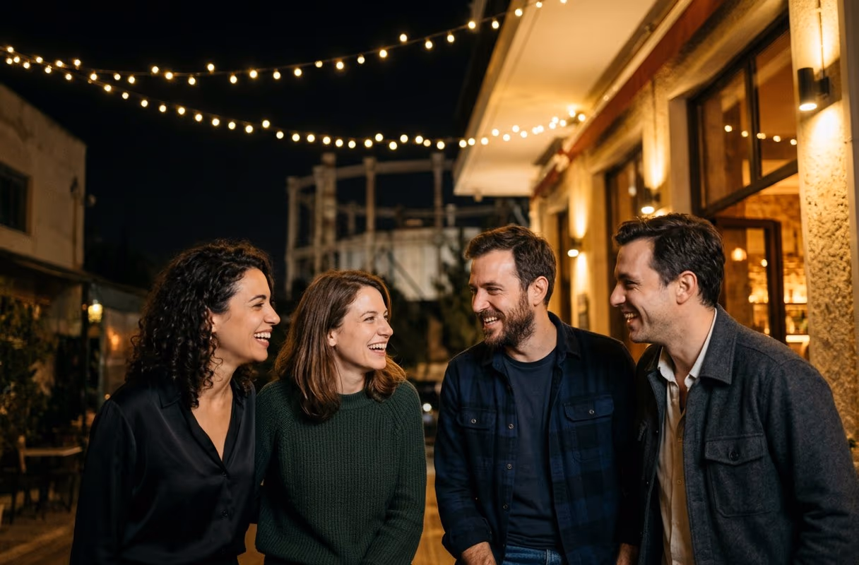 A small group of friends laughing outside a bar in the Gazi district of Athens at night