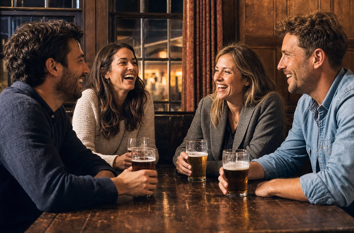 Una velada fácil entre gente de mente abierta — la imagen del «después» Cuatro amigos riendo alrededor de una mesa de pub con luz cálida de tarde