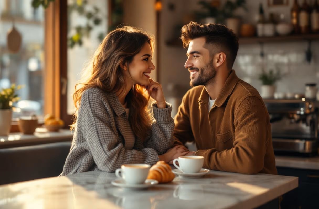 Ein Paar trinkt morgens Espresso in einem kleinen italienischen Café