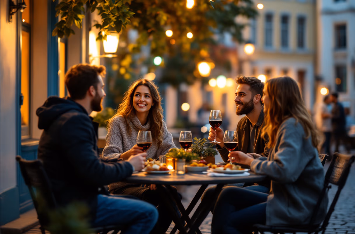 A small group on a terrace in Riga's Old Town in the evening