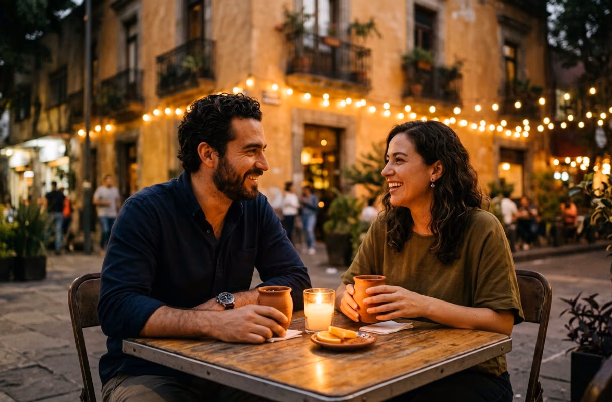 La Roma de noche — primero la conversación Una pareja conversando con mezcal en la mesa de un bar a media luz en la Roma Norte, Ciudad de México
