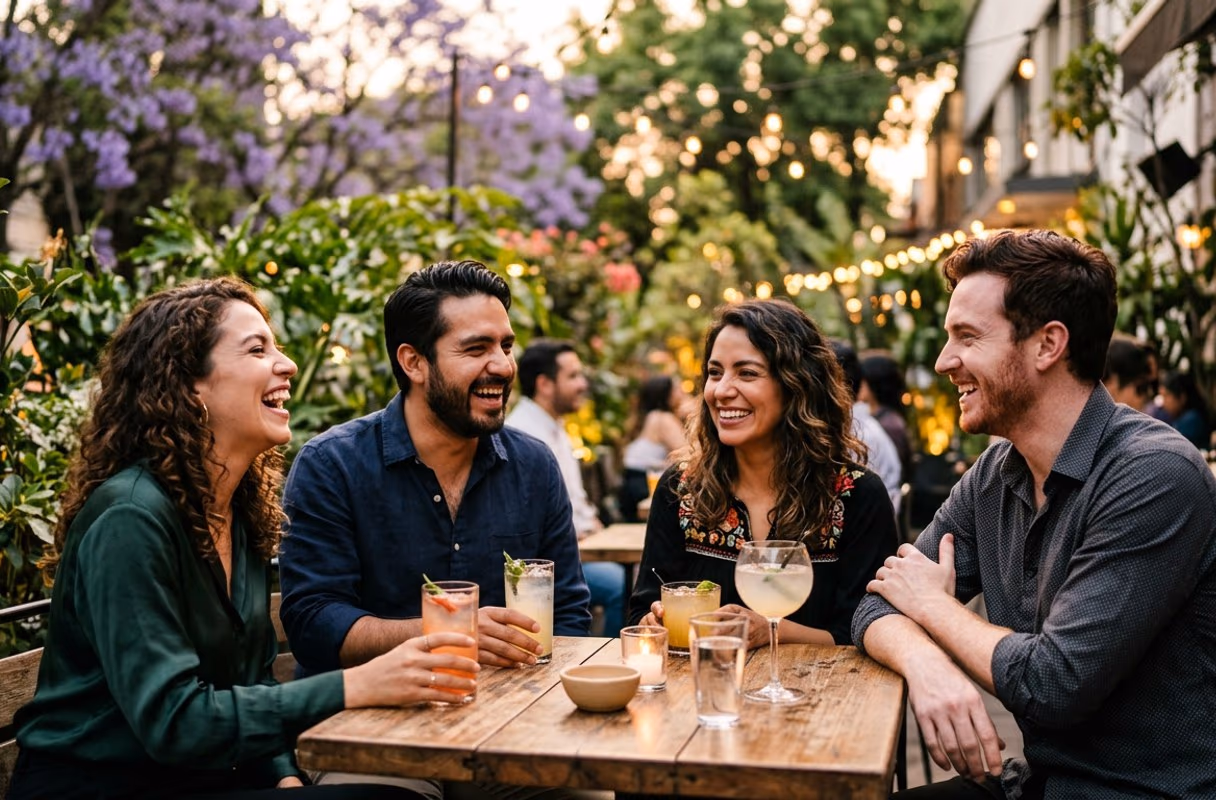 Una terraza de la Condesa — donde se encuentra el ambiente capitalino Un grupo de amigos riendo en la terraza de un bar en la Condesa, Ciudad de México, al atardecer